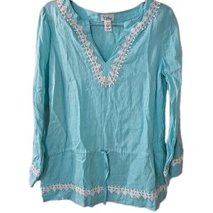 Vintage Lilly Pulitzer Blue 100% Linen Tunic Top 3/4‎ Sleeves Lace Trim Medium